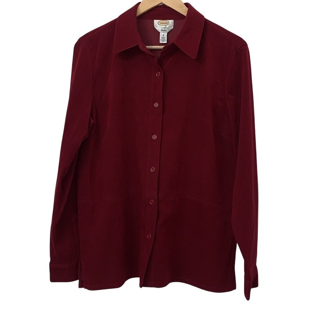 Talbots Womens Stretch Faux Suede Button Down Shirt Maroon Burgundy Medium FLAWS